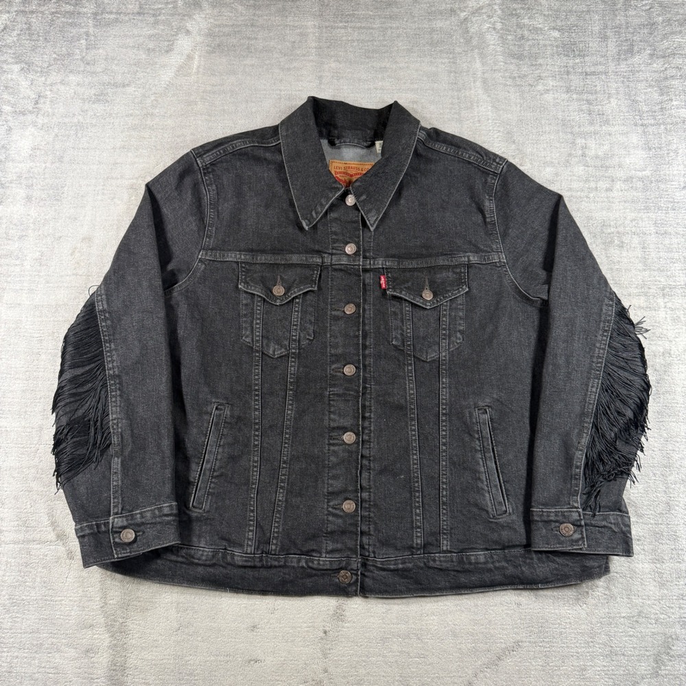 Levis Jacket Women 2X Black Denim Trucker Fringe Back Sleeves 72765-0005 Western